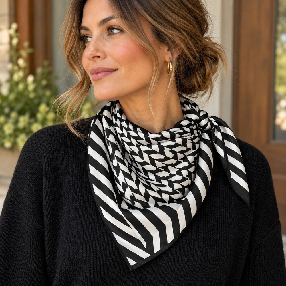 Nasharr Freres Ltd Scarf Black White Vintage Geometric Mod Square 21x21 4065